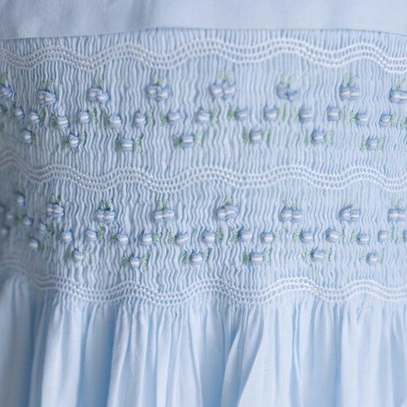 Strasburg Blue Smocked Dress Hand-Embroidered Spring Summer Vacation PERFECT - Picture 2 of 9